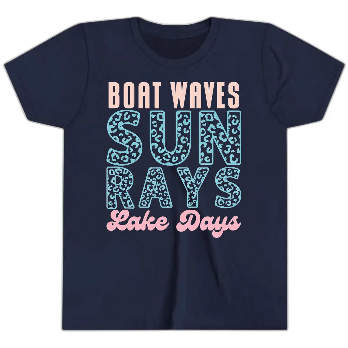 Boat Waves Sun Rays Lake Days Design Youth T-Shirt in Navy