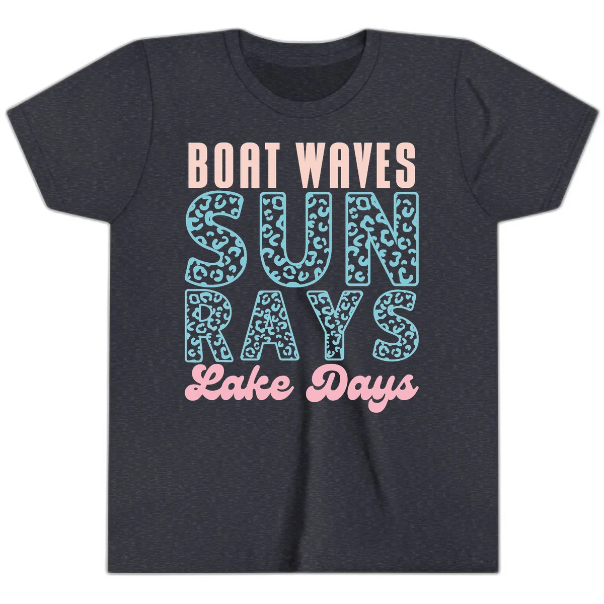 Boat Waves Sun Rays Lake Days Design Youth T-Shirt in Heather Navy