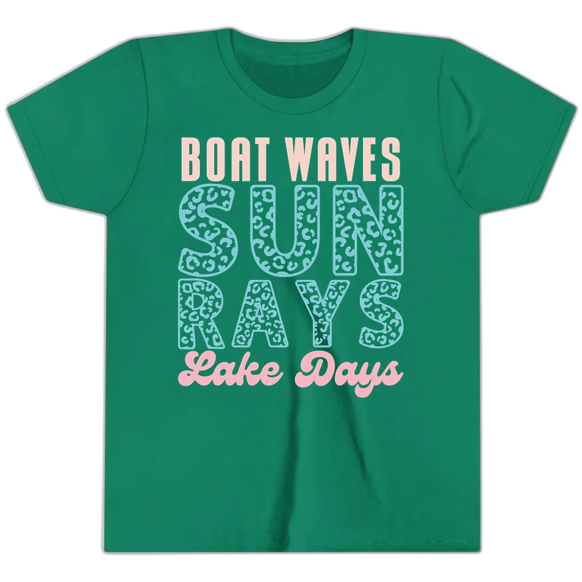 Boat Waves Sun Rays Lake Days Design Youth T-Shirt in Kelly