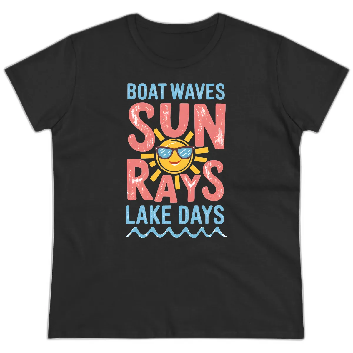 Boat Waves Sun Rays Lake Days Ladies Tee in Black