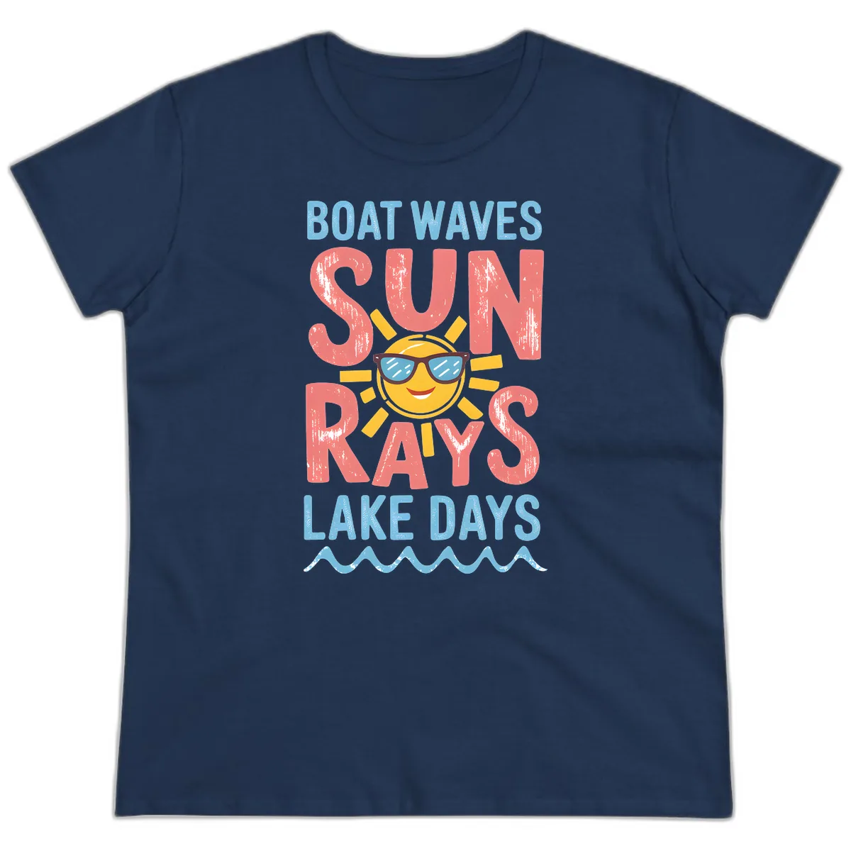 Boat Waves Sun Rays Lake Days Ladies Tee in Navy