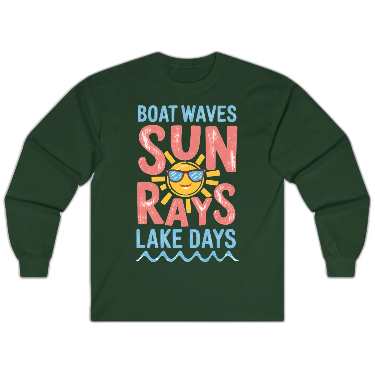 Boat Waves Sun Rays Lake Days Long Sleeve in Forest Green