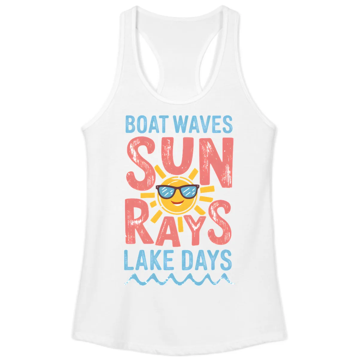 Boat Waves Sun Rays Lake Days Ladies Tank in White