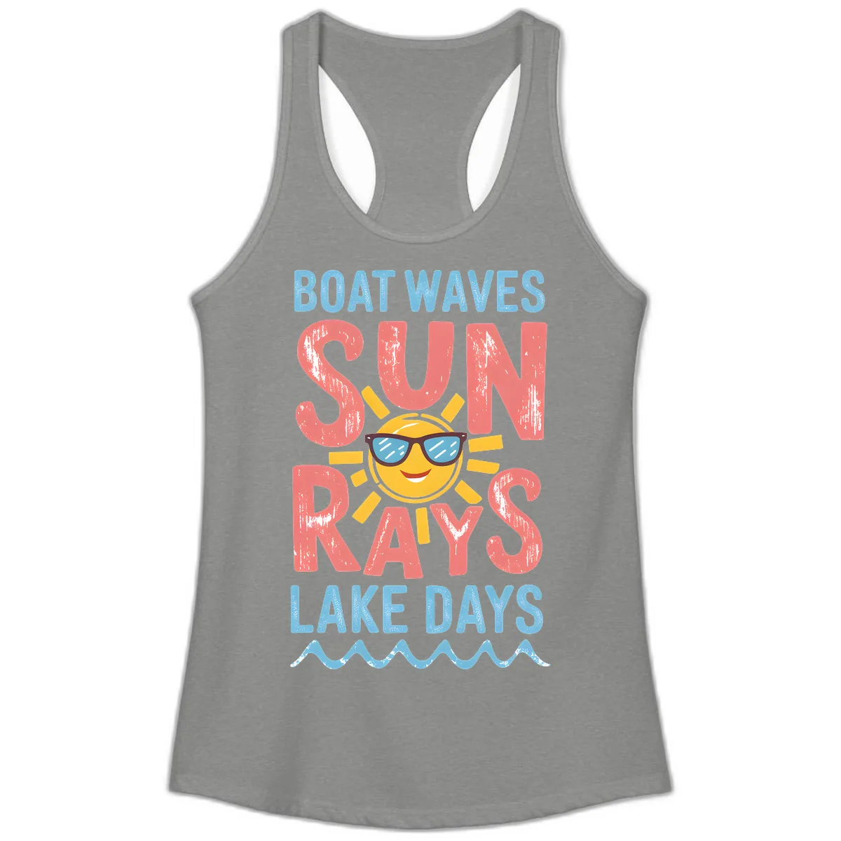Boat Waves Sun Rays Lake Days Ladies Tank in Heather Grey