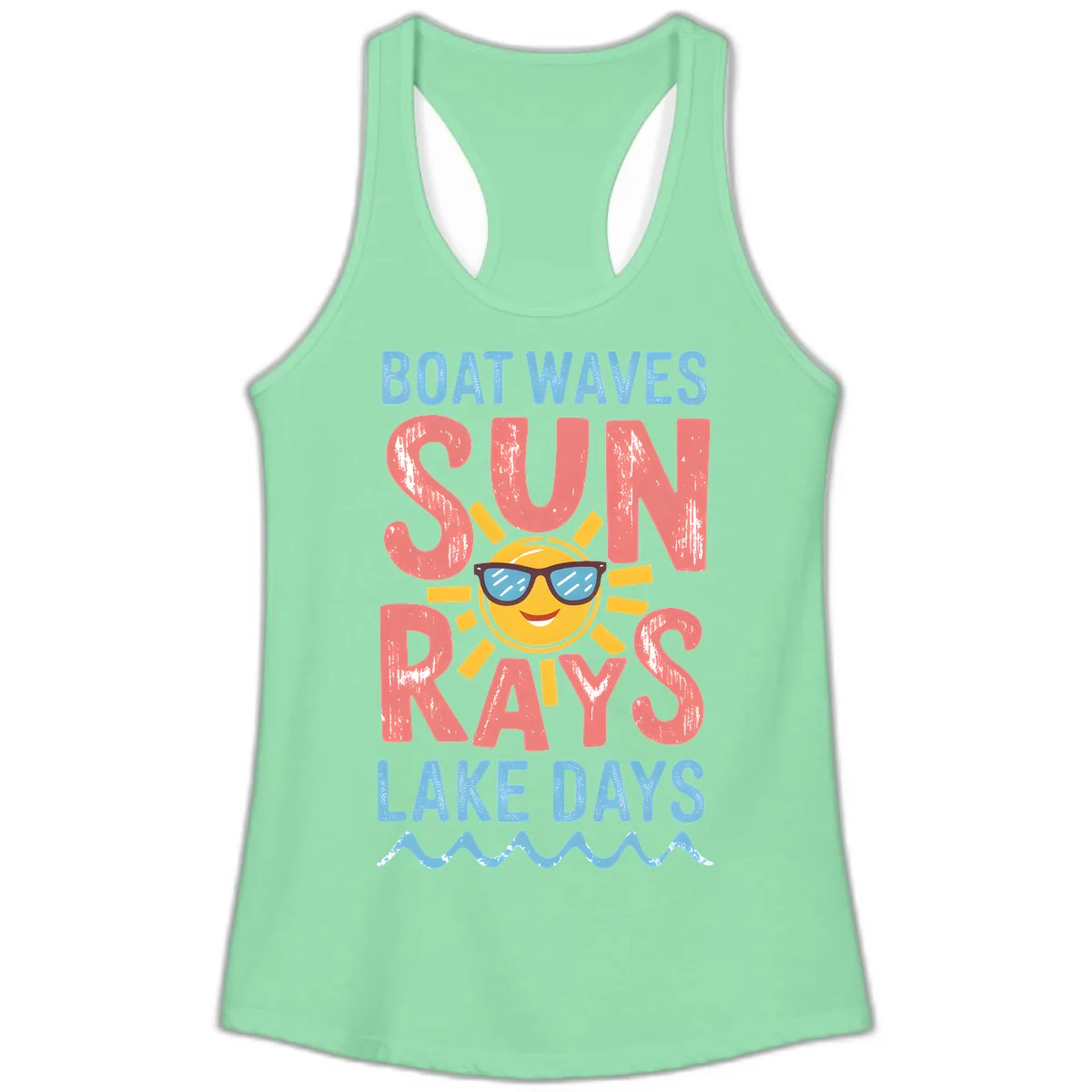 Boat Waves Sun Rays Lake Days Ladies Tank in Solid Mint