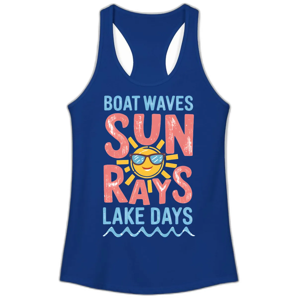 Boat Waves Sun Rays Lake Days Ladies Tank in Solid Royal