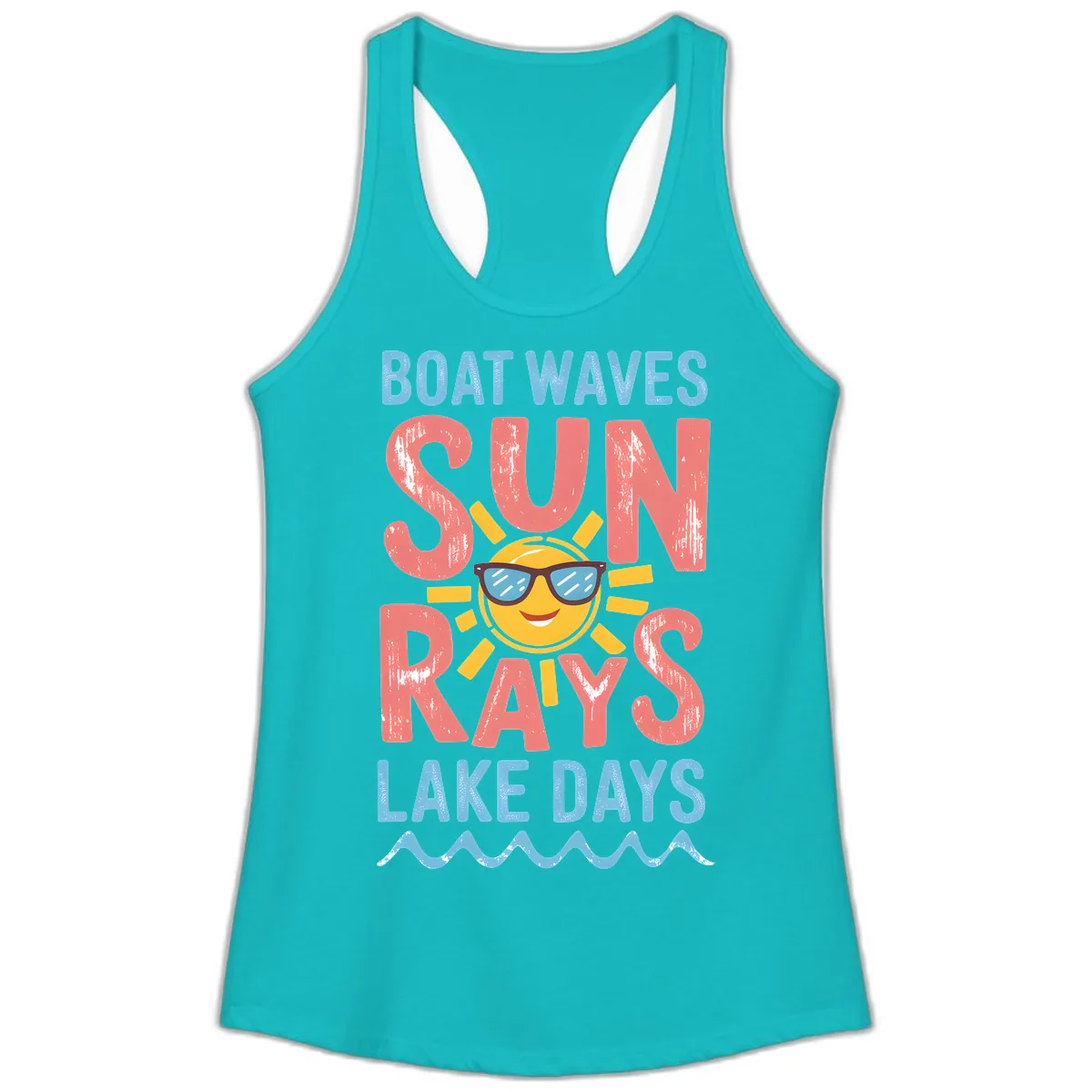 Boat Waves Sun Rays Lake Days Ladies Tank in Tahiti Blue