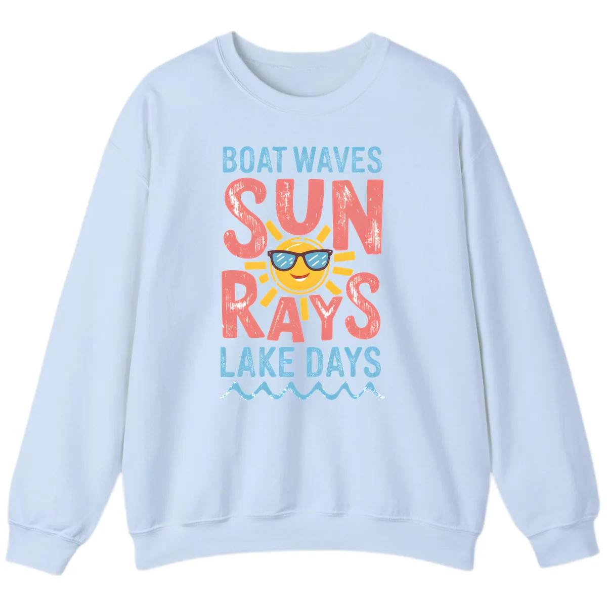 Boat Waves Sun Rays Lake Days Sweatshirt in Light Blue