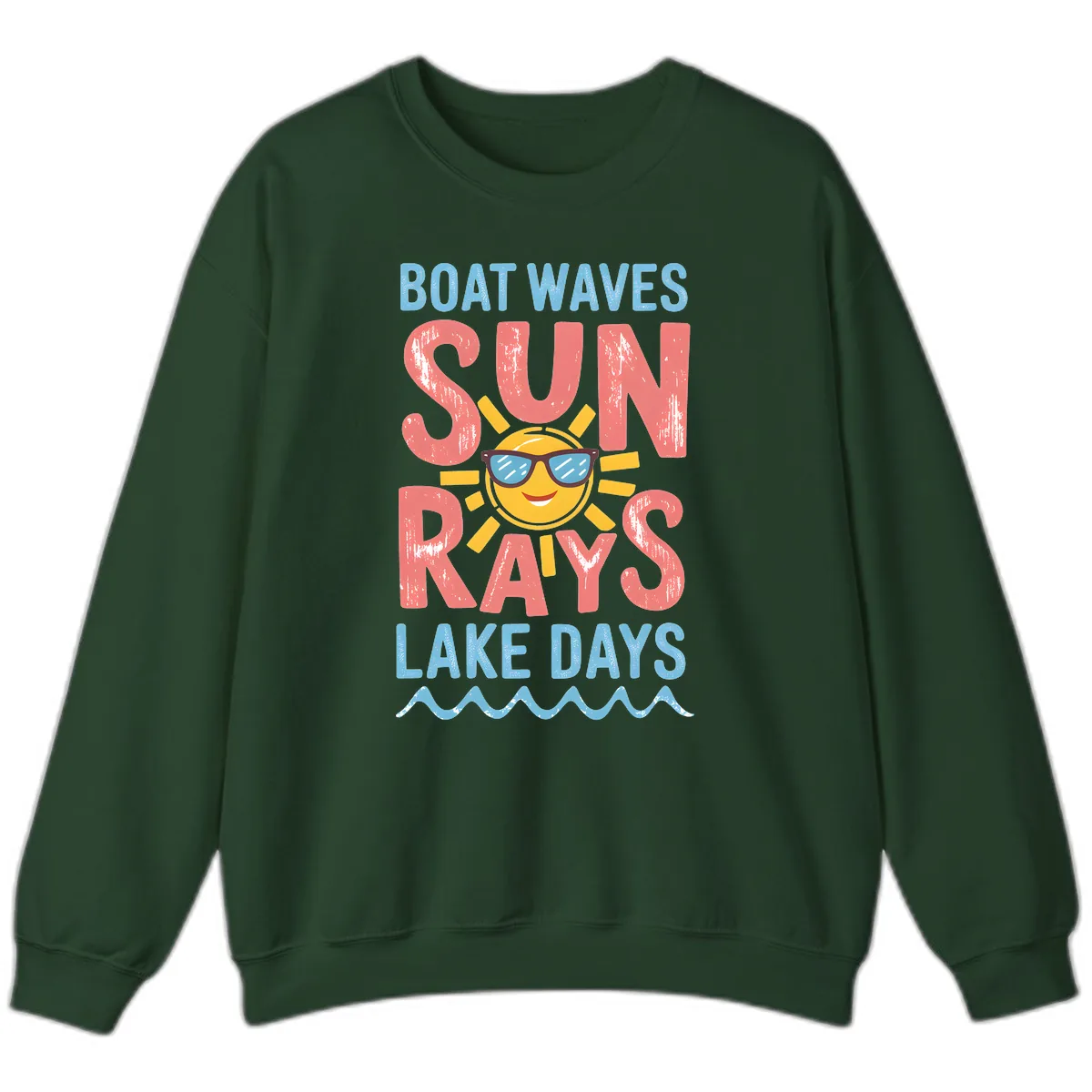 Boat Waves Sun Rays Lake Days Sweatshirt in Forest Green