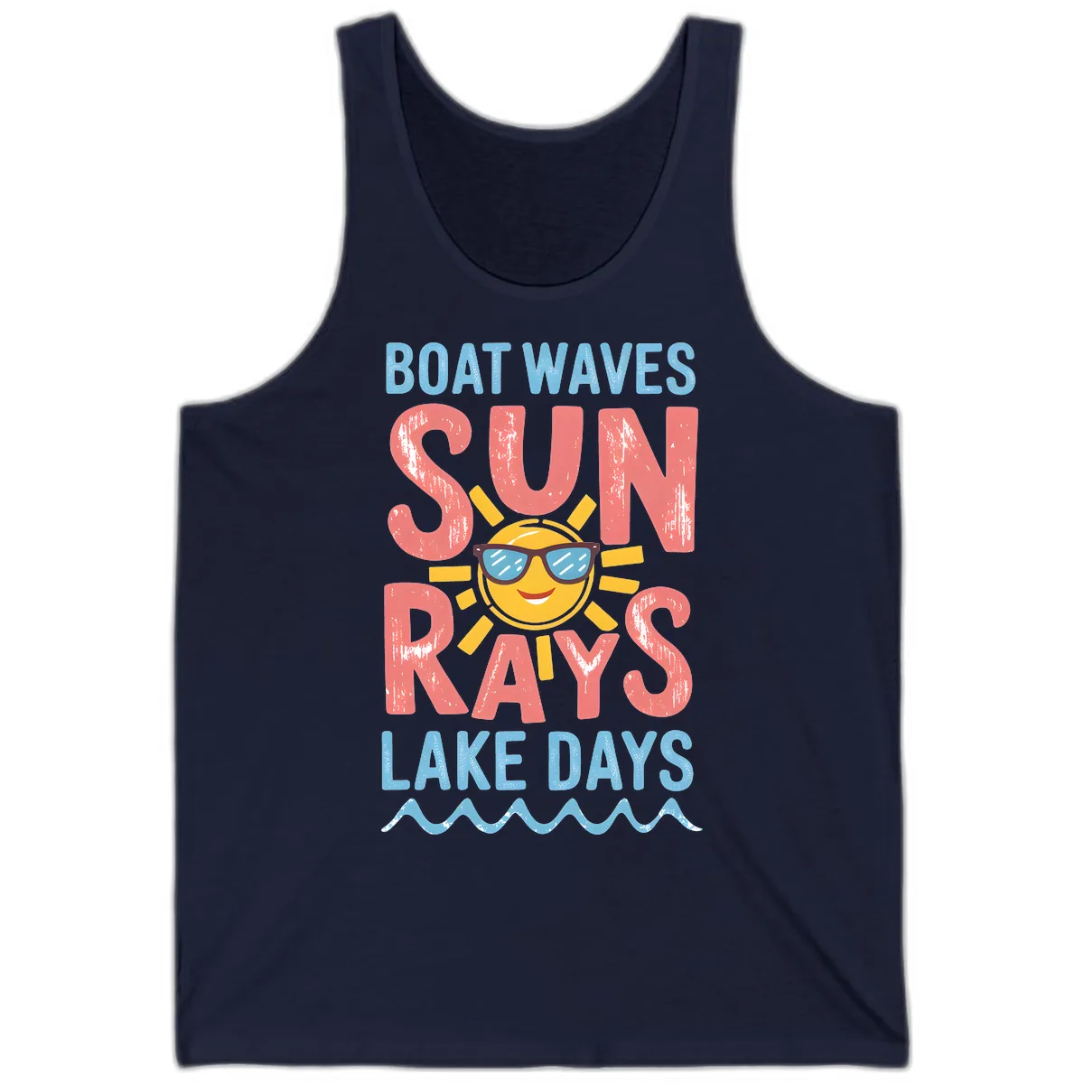 Boat Waves Sun Rays Lake Days Tank in Navy