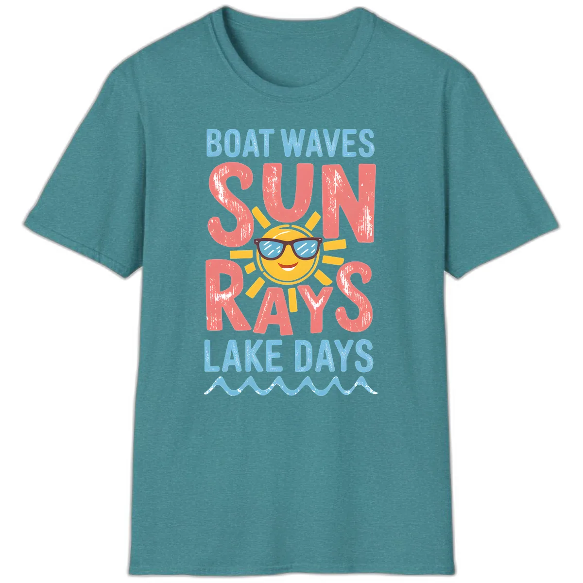 Boat Waves Sun Rays Lake Days T-Shirt in Heather Galapagos Blue