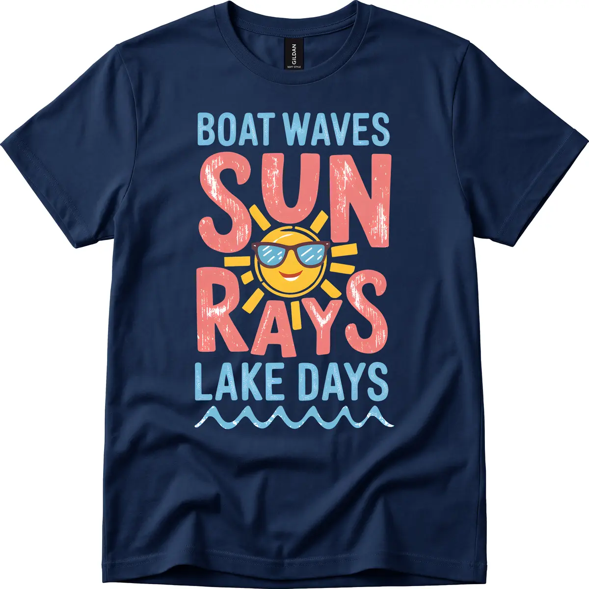 Boat Waves Sun Rays Lake Days T-Shirt in Navy