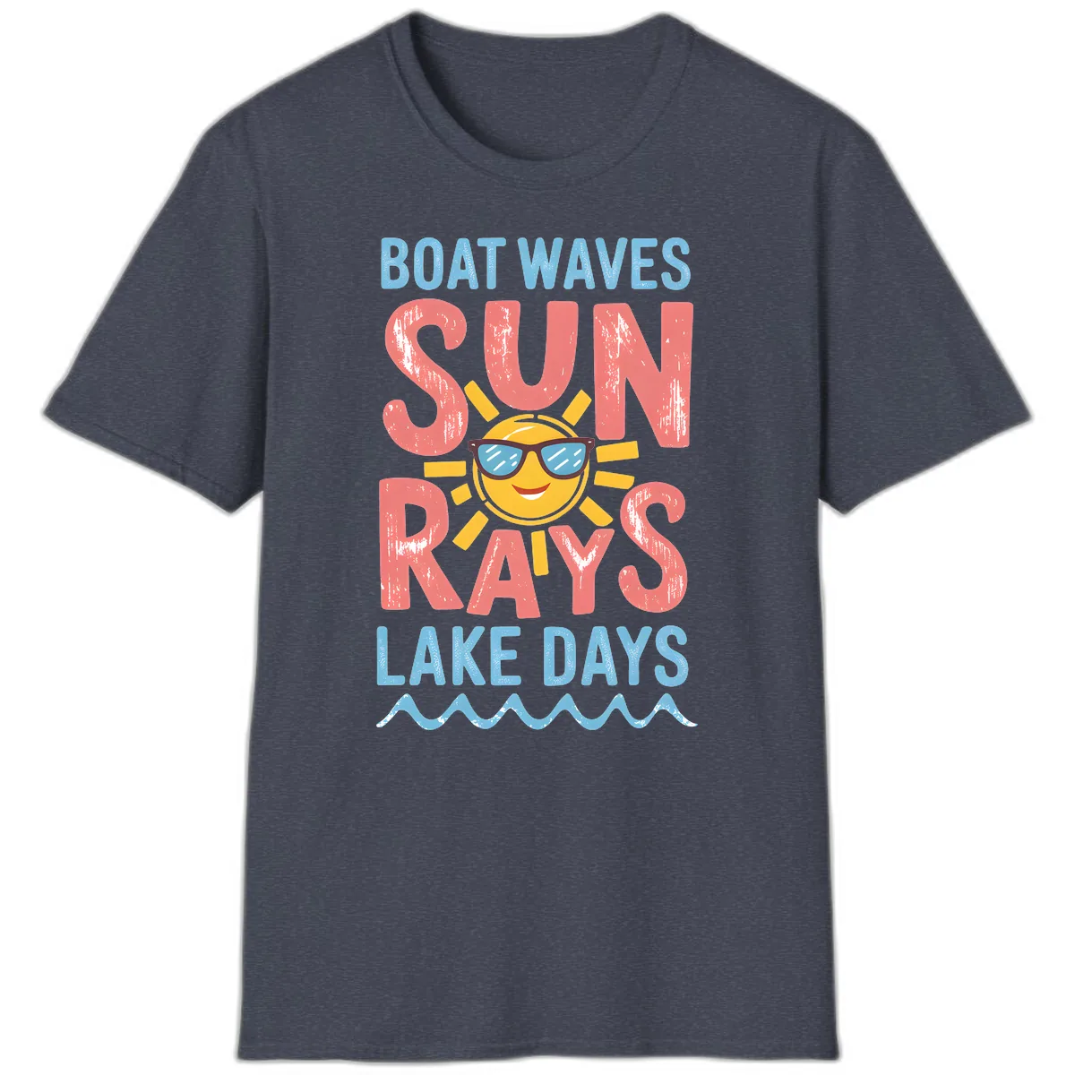 Boat Waves Sun Rays Lake Days T-Shirt in Heather Navy