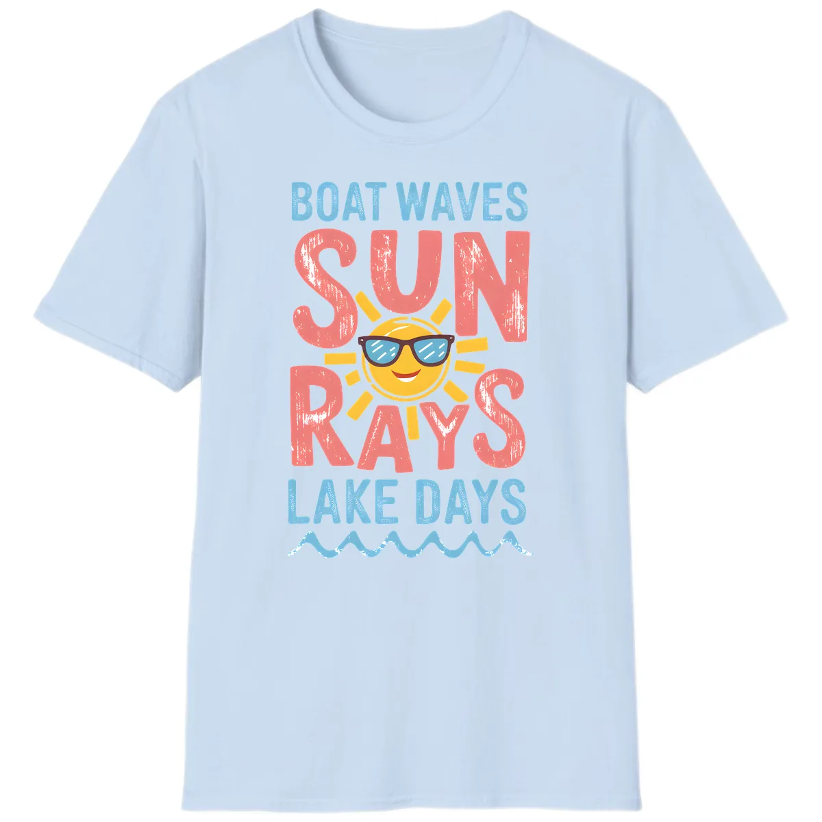 Boat Waves Sun Rays Lake Days T-Shirt in Light Blue