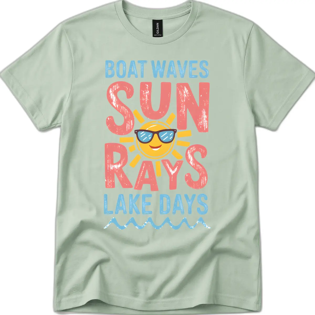 Boat Waves Sun Rays Lake Days T-Shirt in Sage