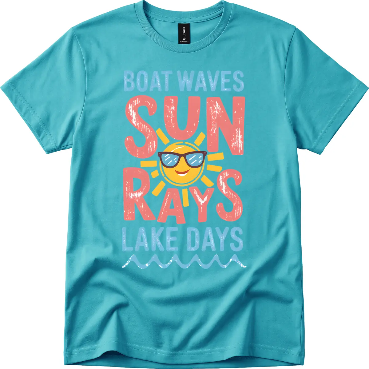 Boat Waves Sun Rays Lake Days T-Shirt in Tropical Blue