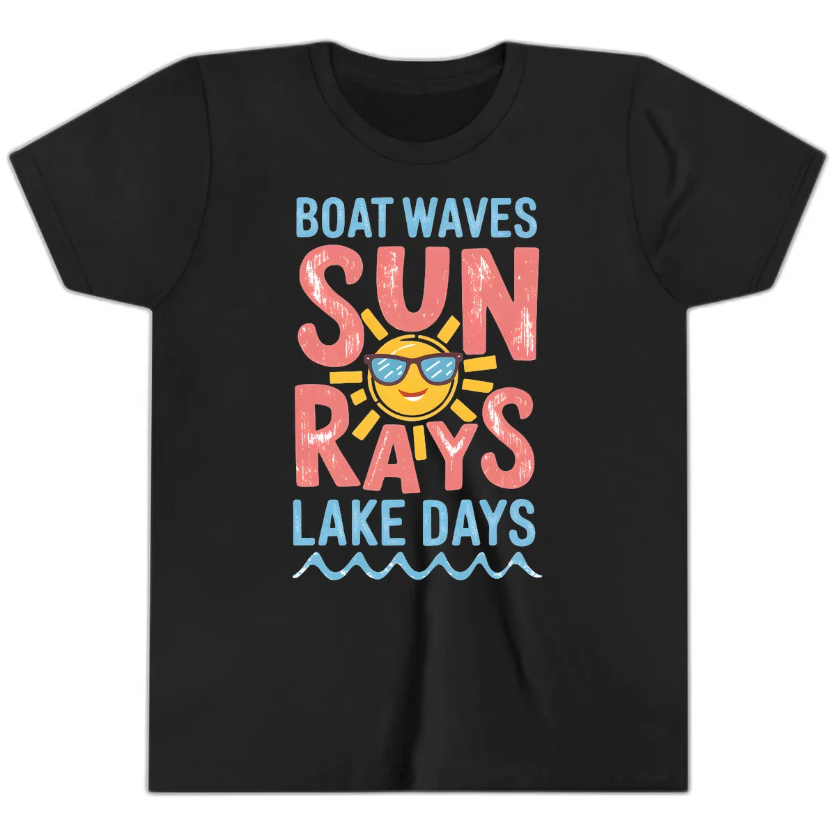 Boat Waves Sun Rays Lake Days Youth T-Shirt in Black