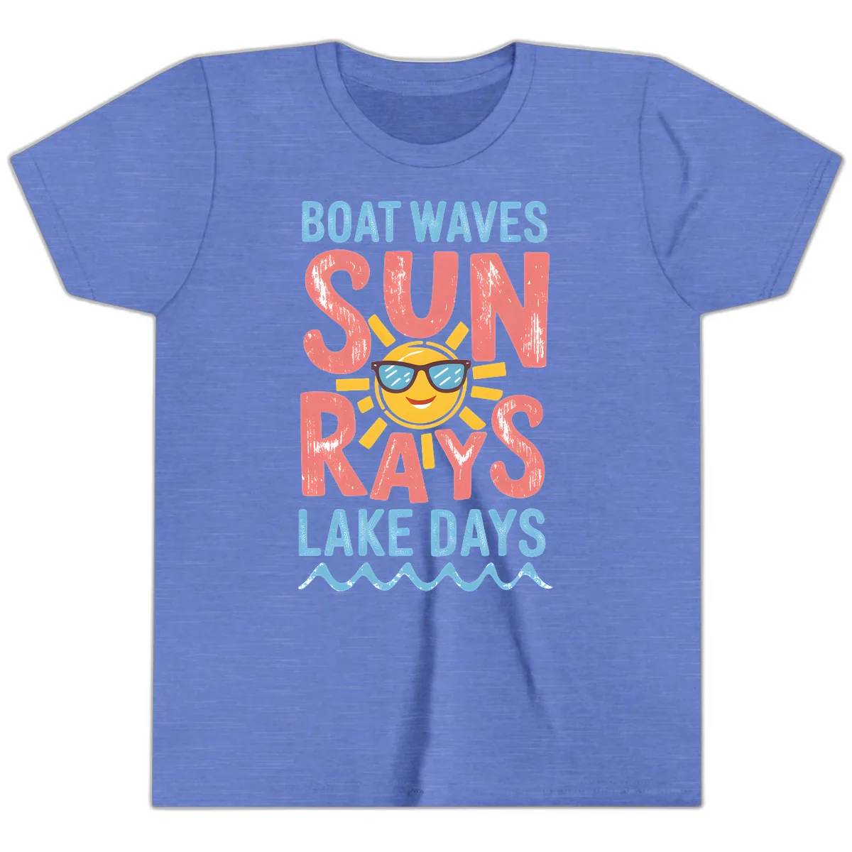 Boat Waves Sun Rays Lake Days Youth T-Shirt in Heather Columbia Blue
