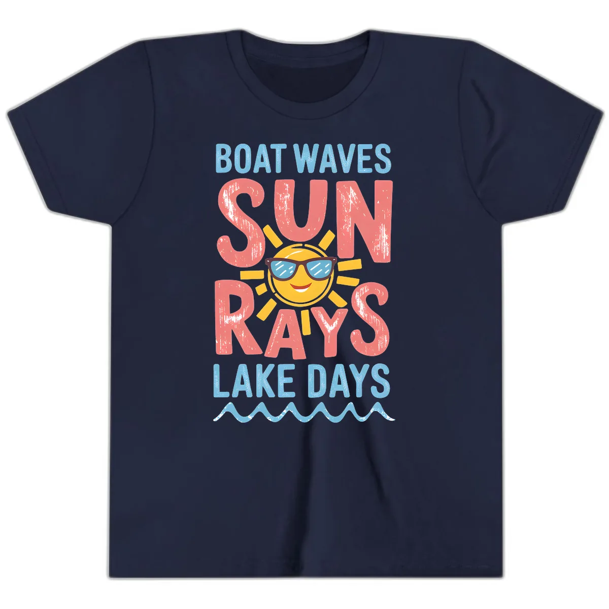 Boat Waves Sun Rays Lake Days Youth T-Shirt in Navy