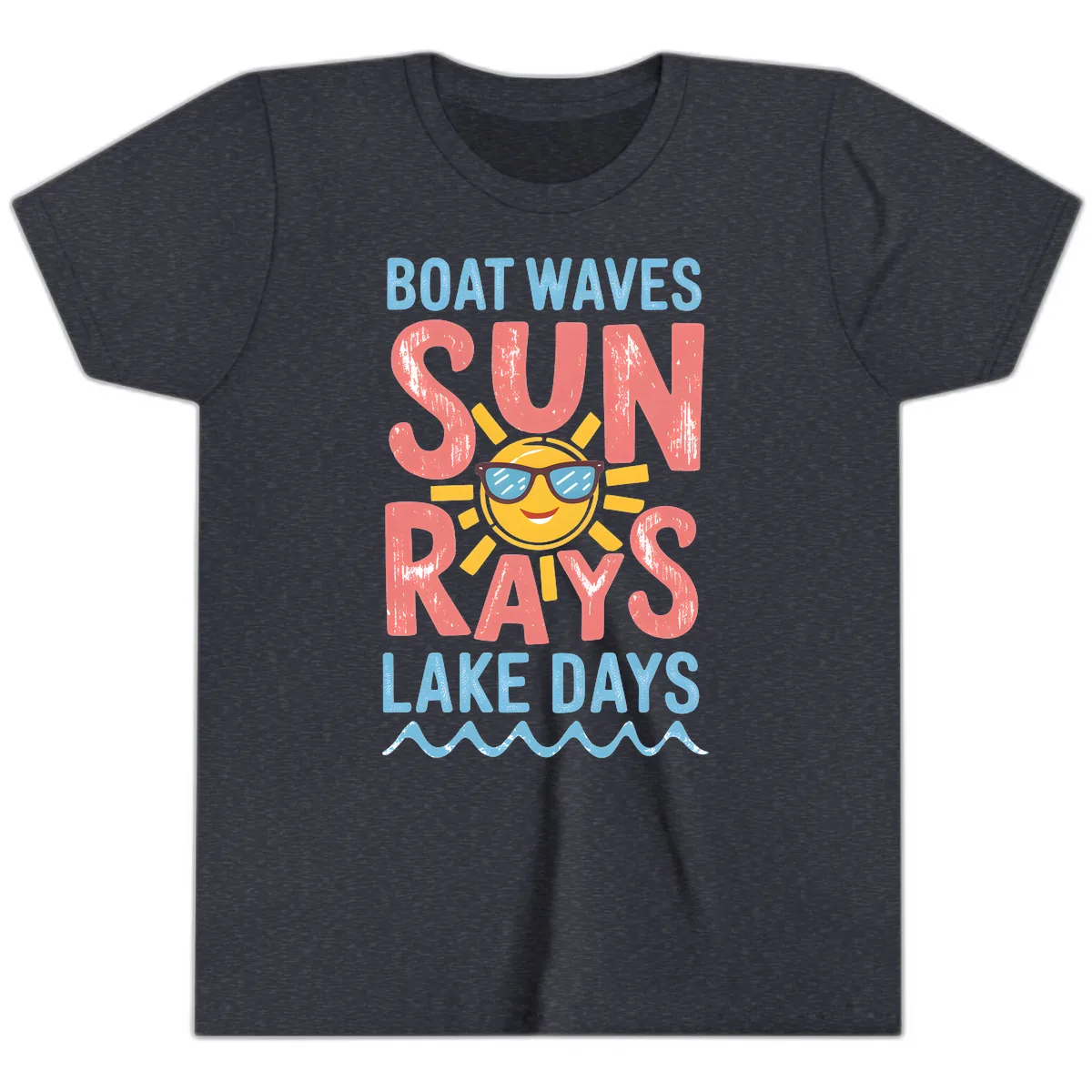Boat Waves Sun Rays Lake Days Youth T-Shirt in Heather Navy