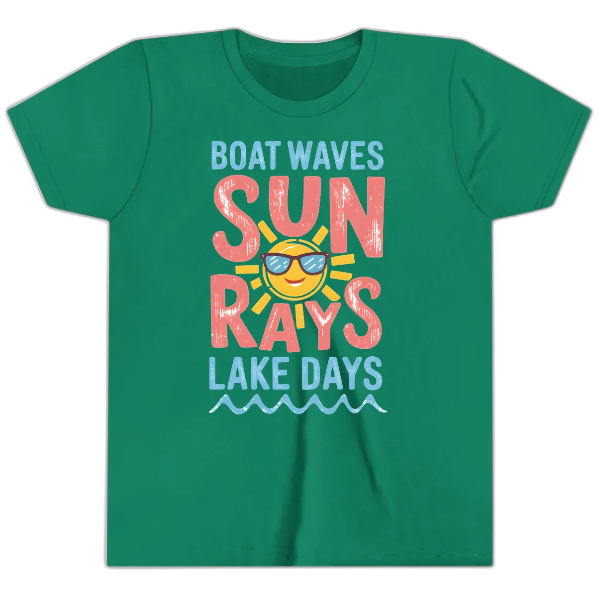 Boat Waves Sun Rays Lake Days Youth T-Shirt in Kelly