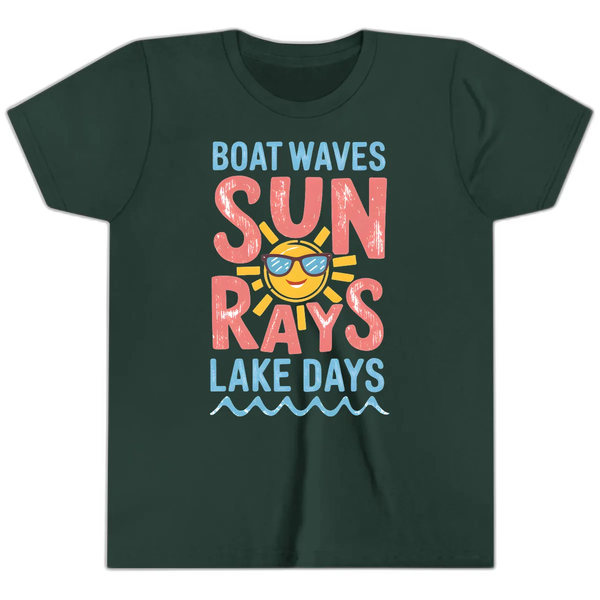 Boat Waves Sun Rays Lake Days Youth T-Shirt in Forest