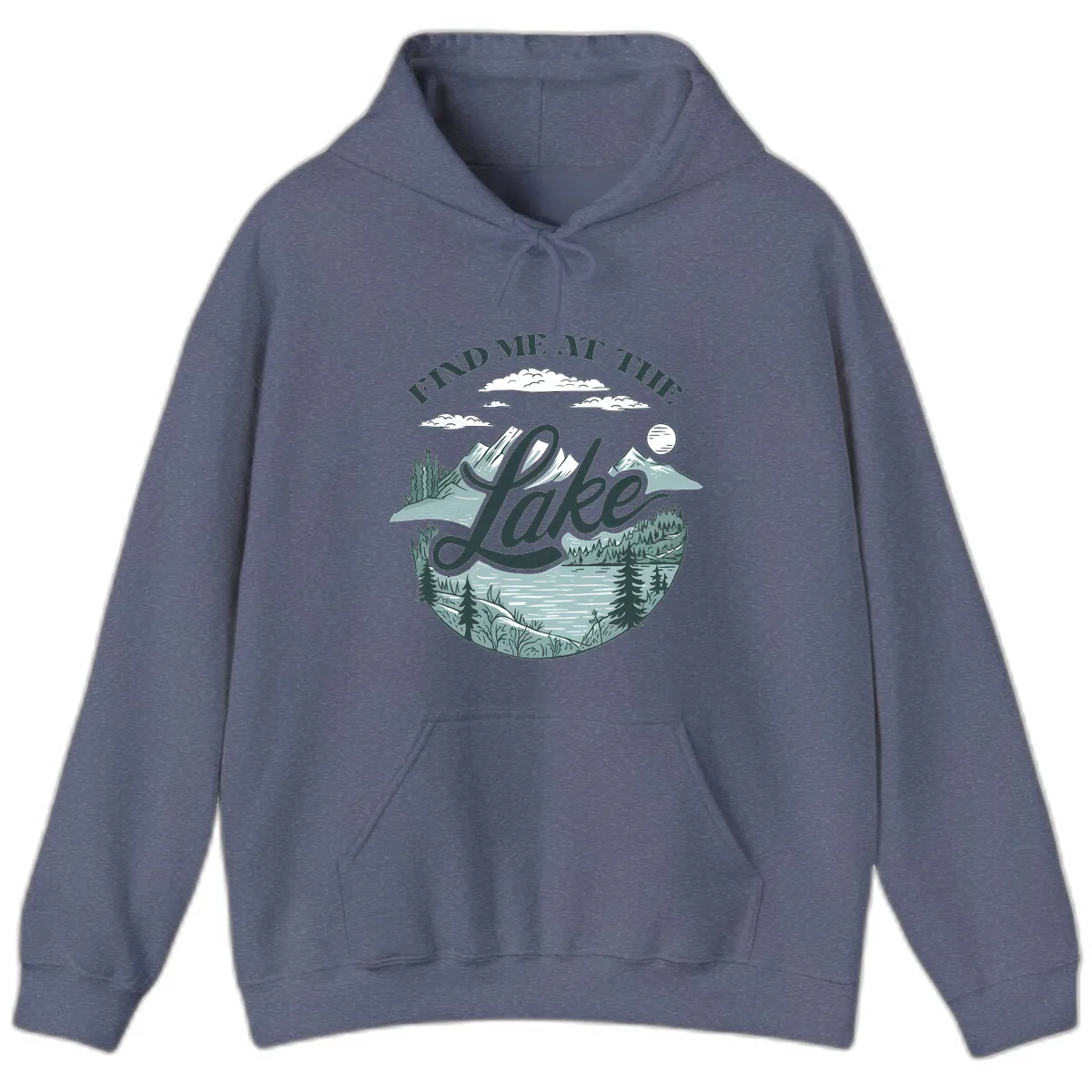 Find Me At The Lake Scenic Design Hoodie in Heather Navy