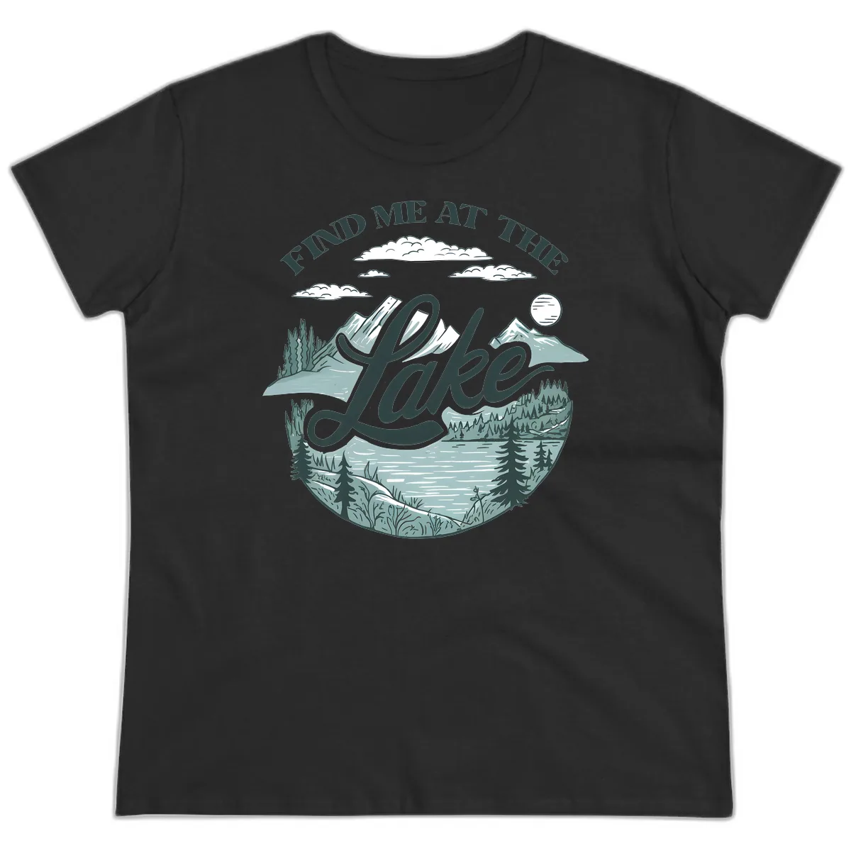 Find Me At The Lake Scenic Design Ladies Tee in Black