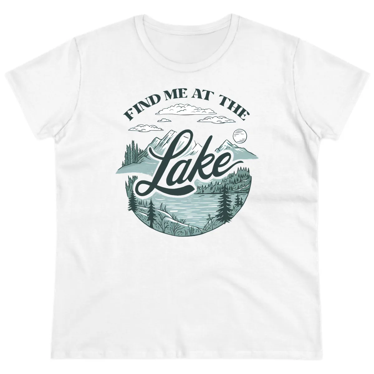 Find Me At The Lake Scenic Design Ladies Tee in White