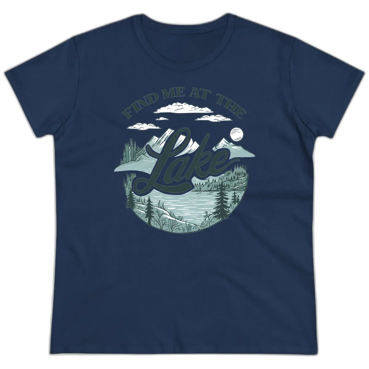 Find Me At The Lake Scenic Design Ladies Tee in Navy