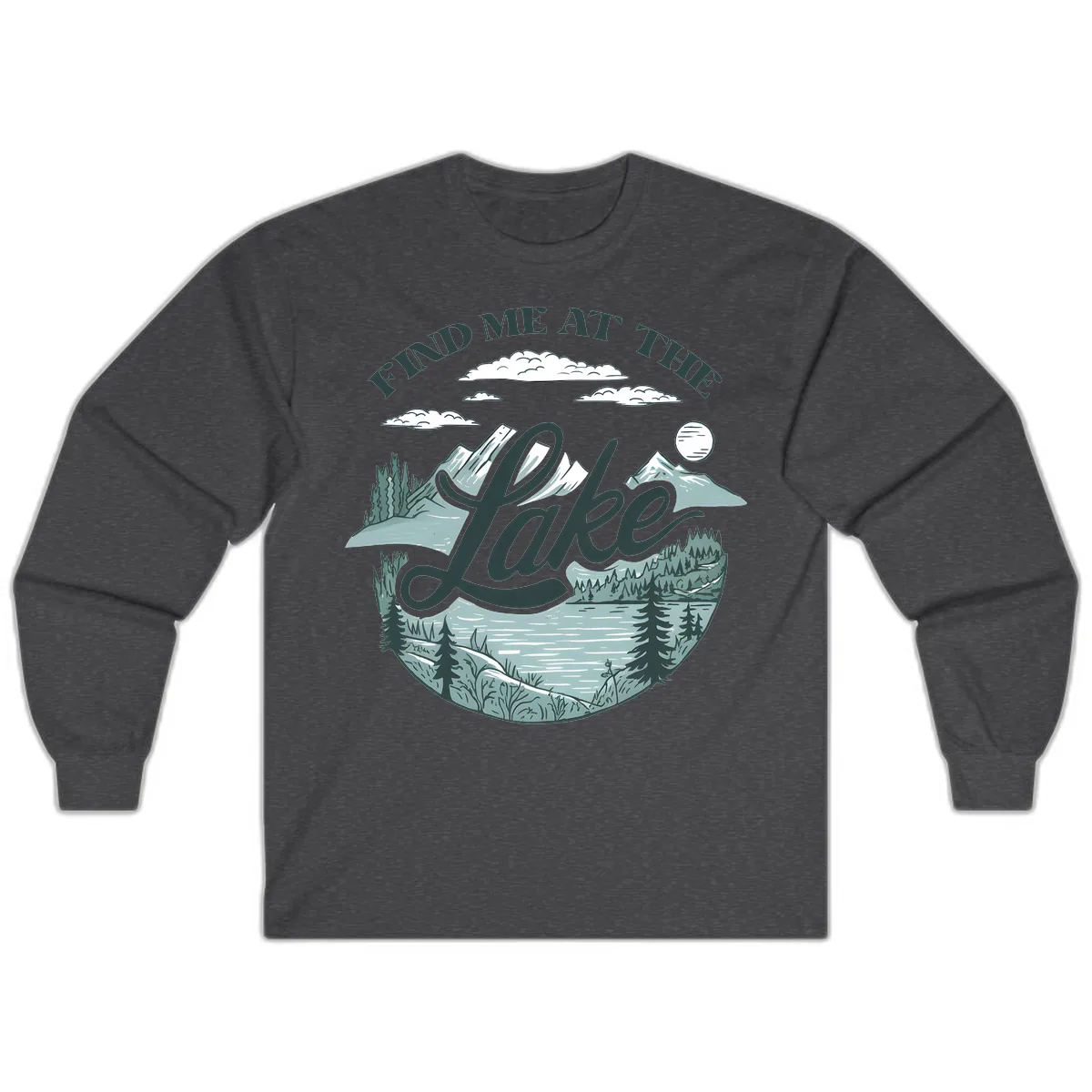 Find Me At The Lake Scenic Design Long Sleeve in Dark Heather