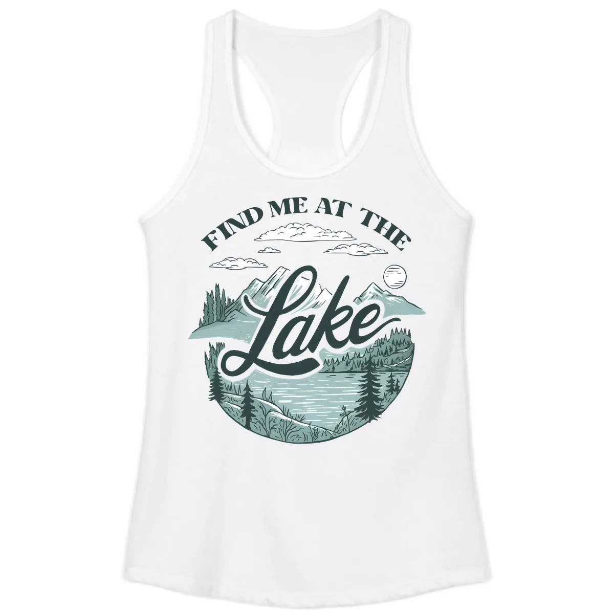 Find Me At The Lake Scenic Design Ladies Tank in White