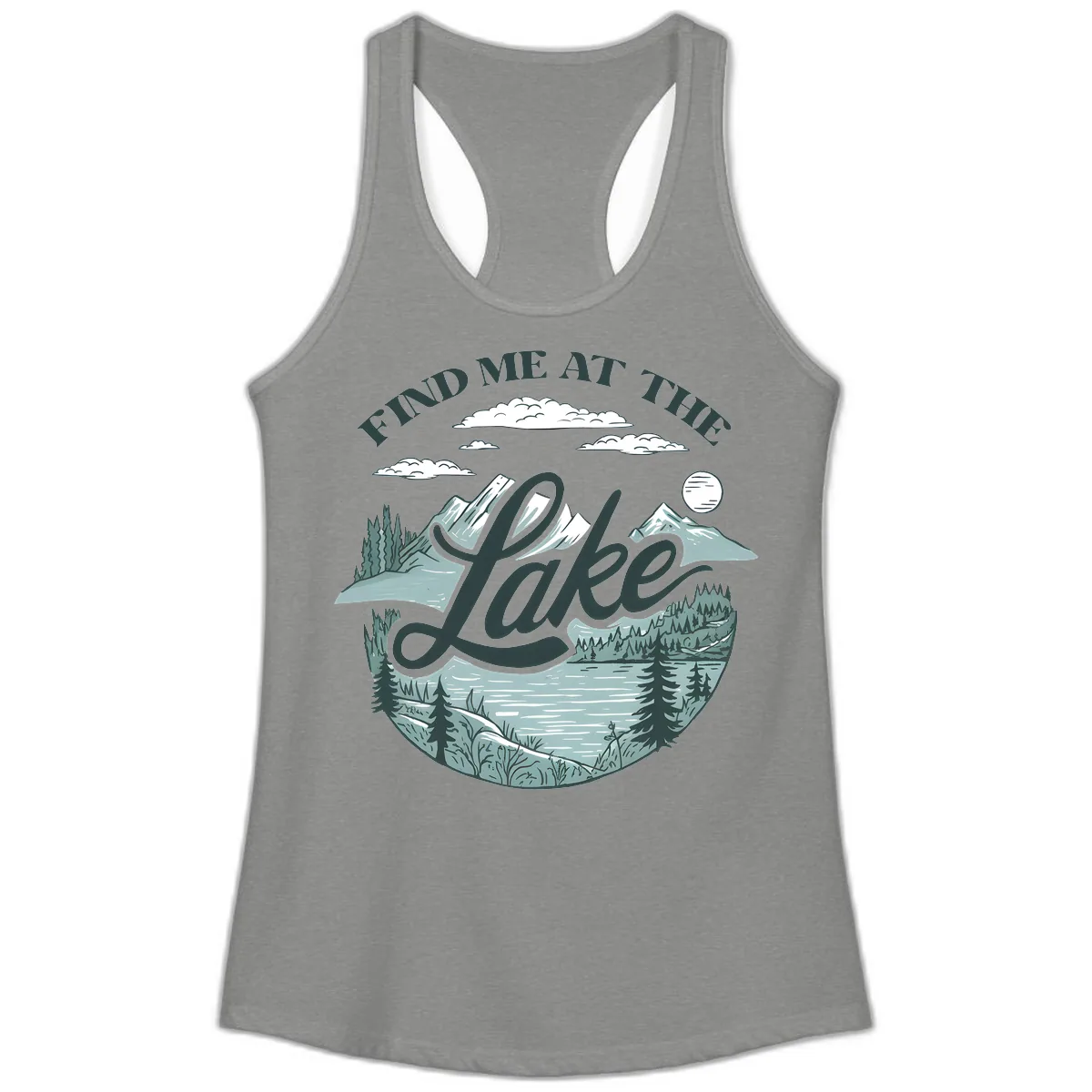 Find Me At The Lake Scenic Design Ladies Tank in Heather Grey