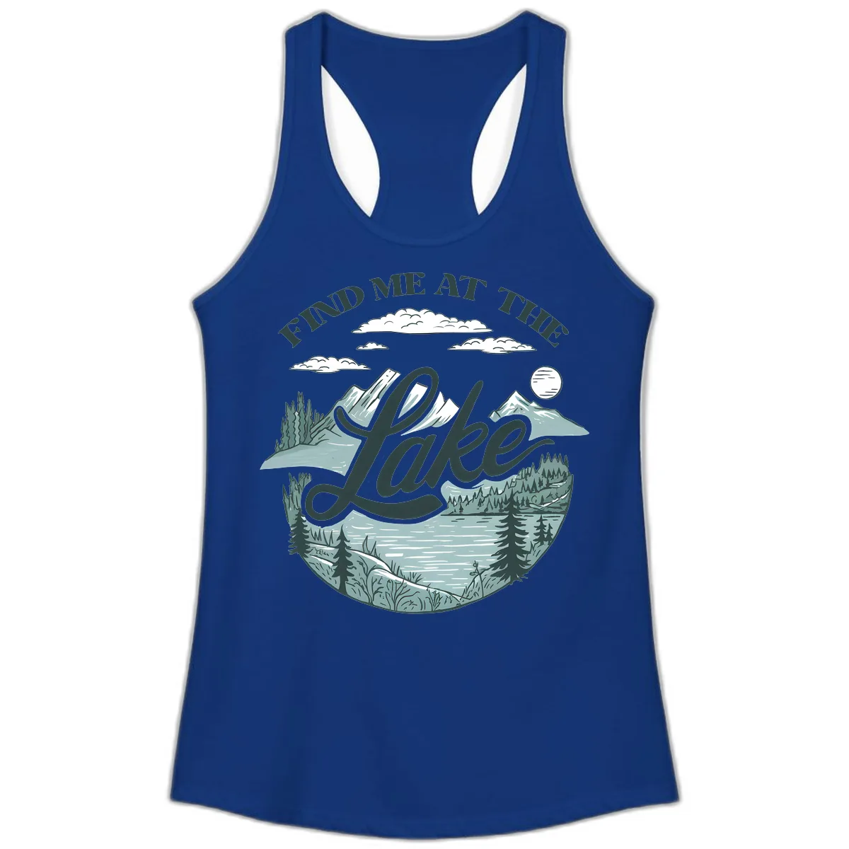 Find Me At The Lake Scenic Design Ladies Tank in Solid Royal