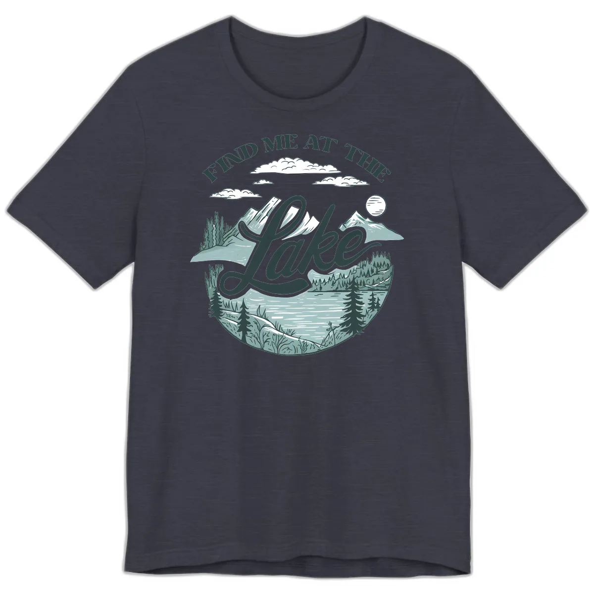 Find Me At The Lake Scenic Design Premium T-Shirt in Heather Midnight Navy