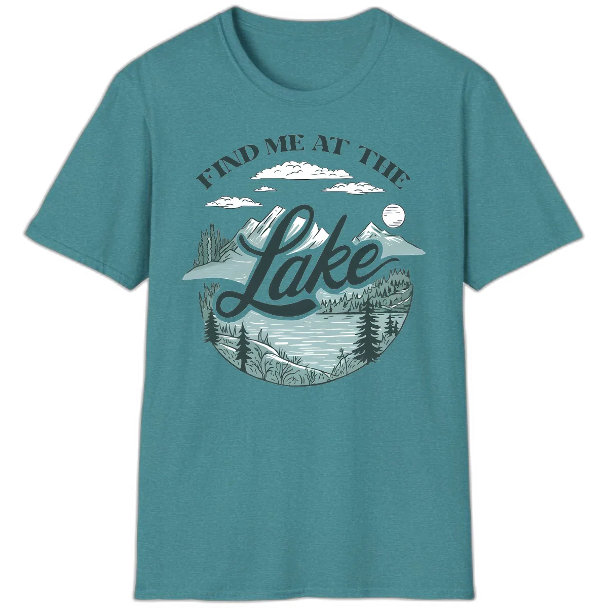 Find Me At The Lake Scenic Design T-Shirt in Heather Galapagos Blue