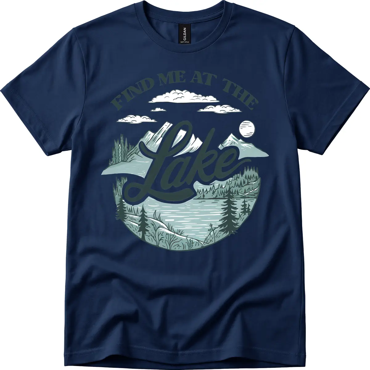 Find Me At The Lake Scenic Design T-Shirt in Navy