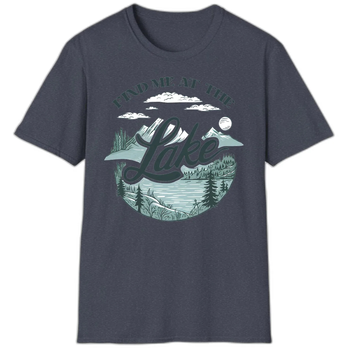Find Me At The Lake Scenic Design T-Shirt in Heather Navy