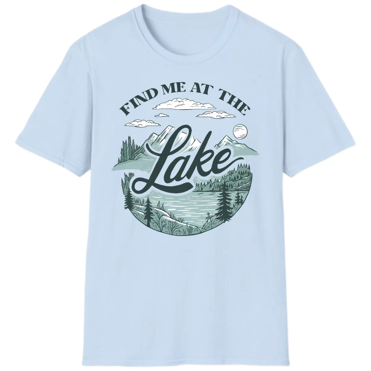 Find Me At The Lake Scenic Design T-Shirt in Light Blue