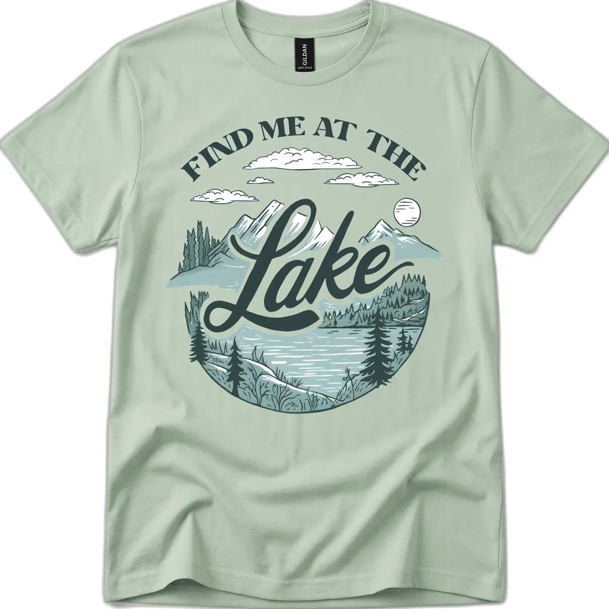 Find Me At The Lake Scenic Design T-Shirt in Sage