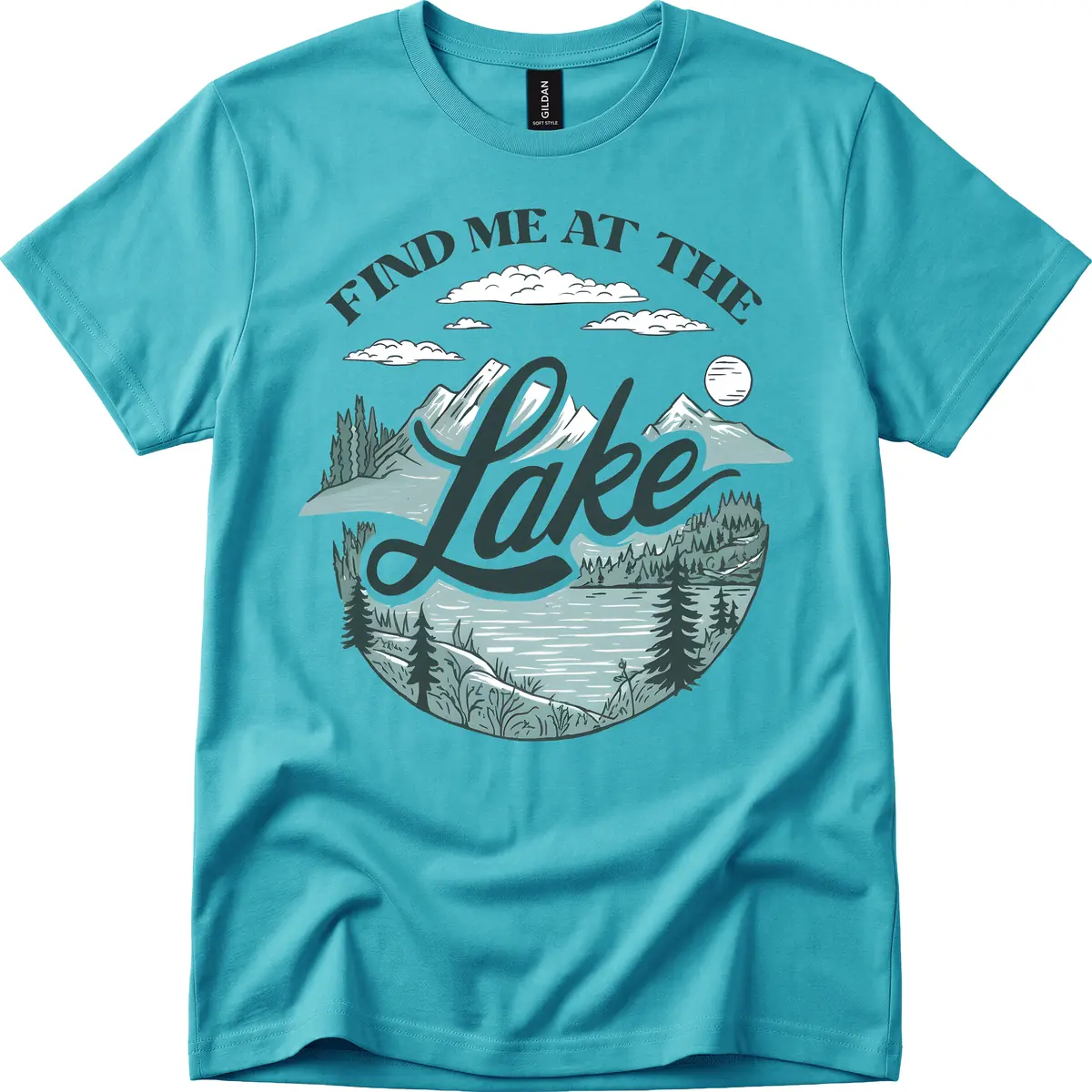 Find Me At The Lake Scenic Design T-Shirt in Tropical Blue