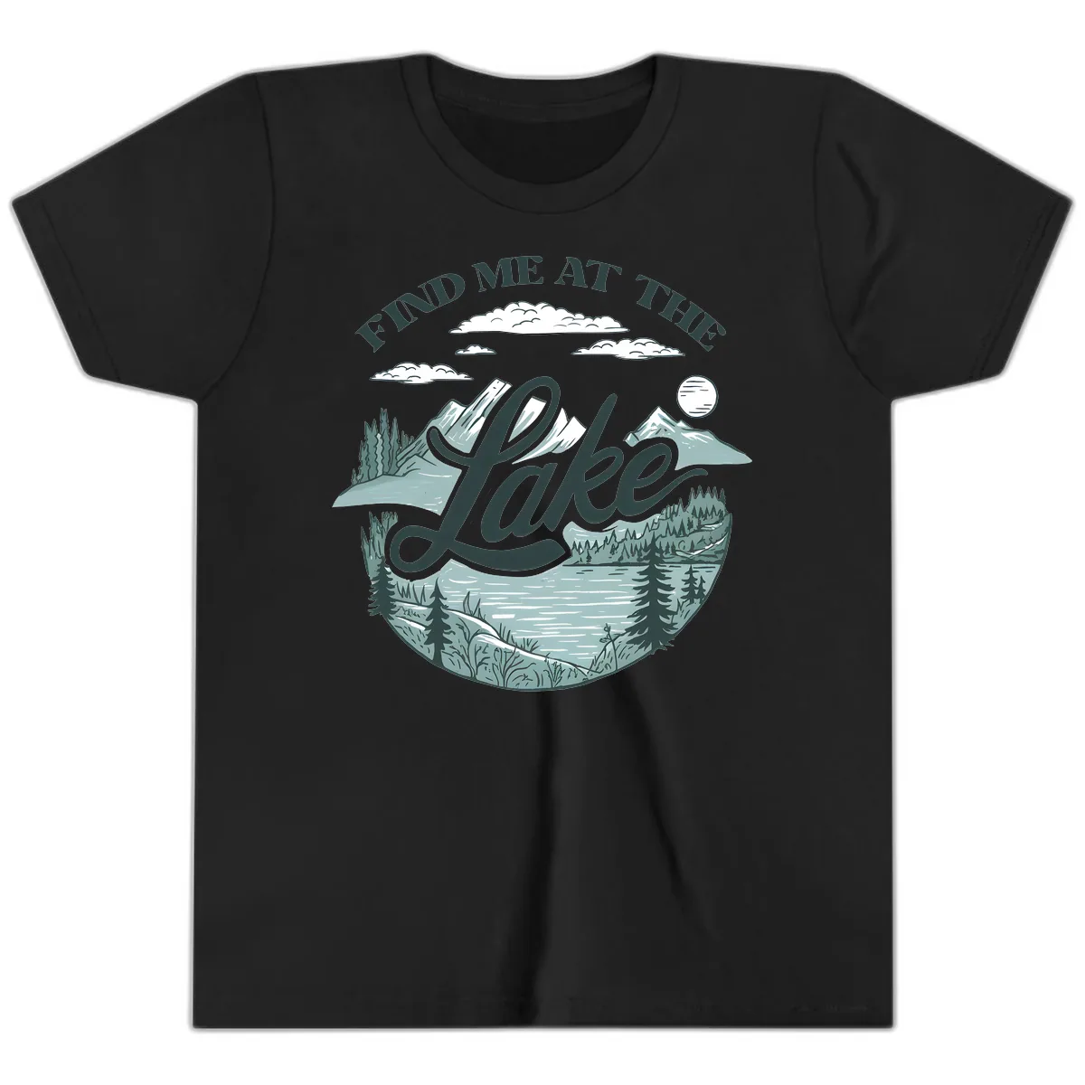 Find Me At The Lake Scenic Design Youth T-Shirt in Black