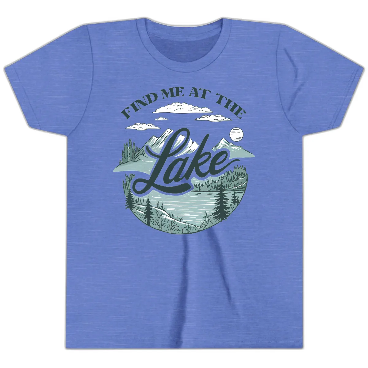 Find Me At The Lake Scenic Design Youth T-Shirt in Heather Columbia Blue