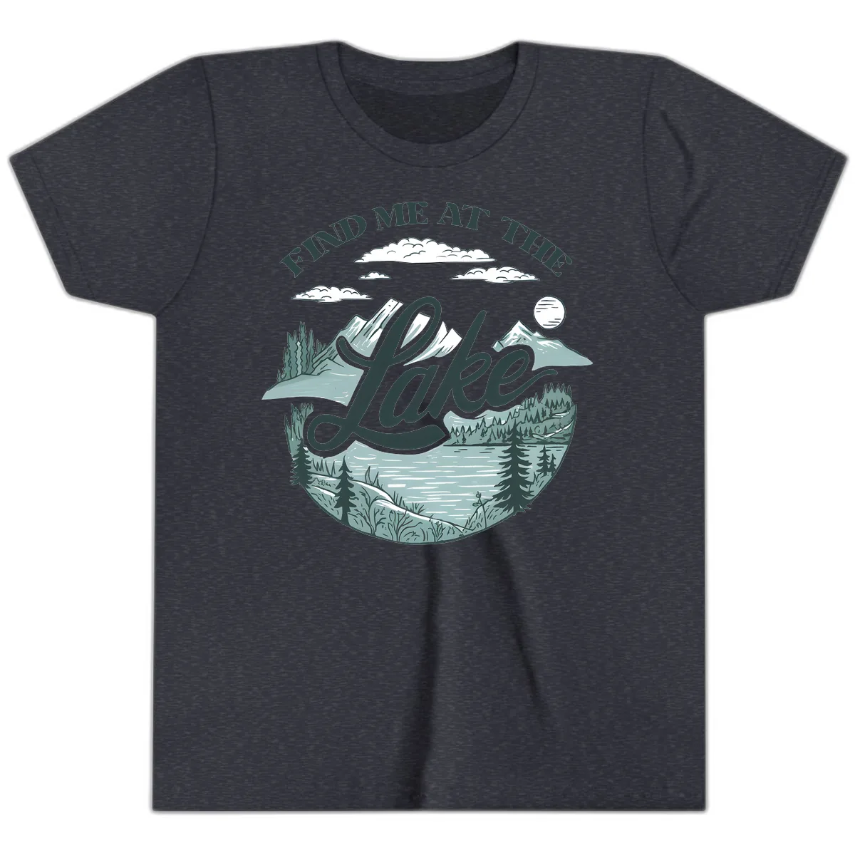Find Me At The Lake Scenic Design Youth T-Shirt in Heather Navy