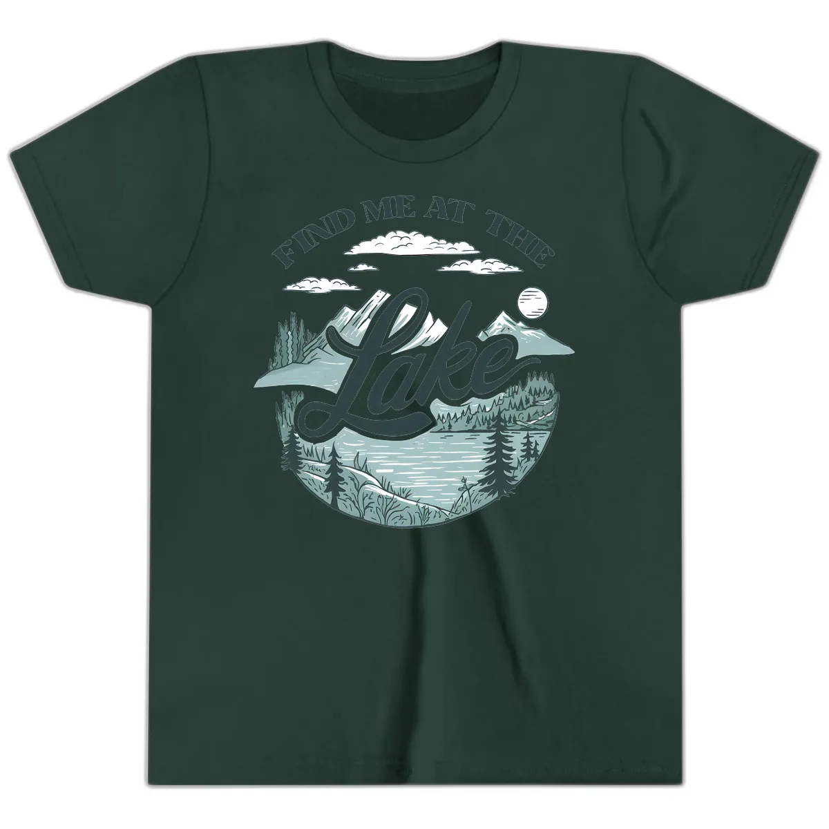 Find Me At The Lake Scenic Design Youth T-Shirt in Forest