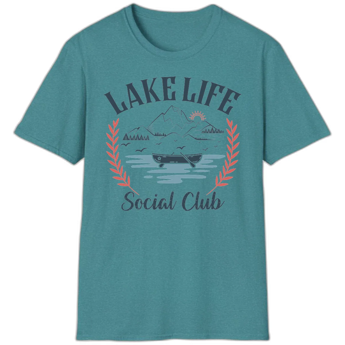 Lake Life Social Club Design T-Shirt in Heather Galapagos Blue
