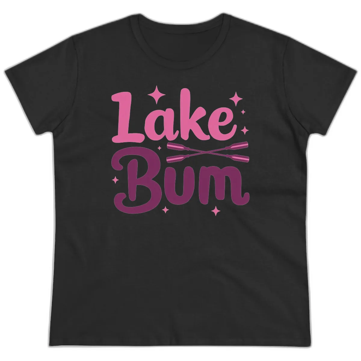 Lake Bum Text and Oars Design Ladies Tee in Black