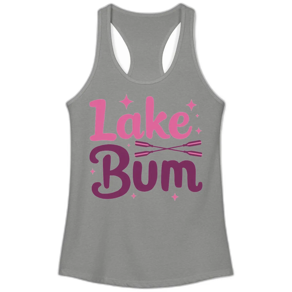 Lake Bum Text and Oars Design Ladies Tank in Heather Grey