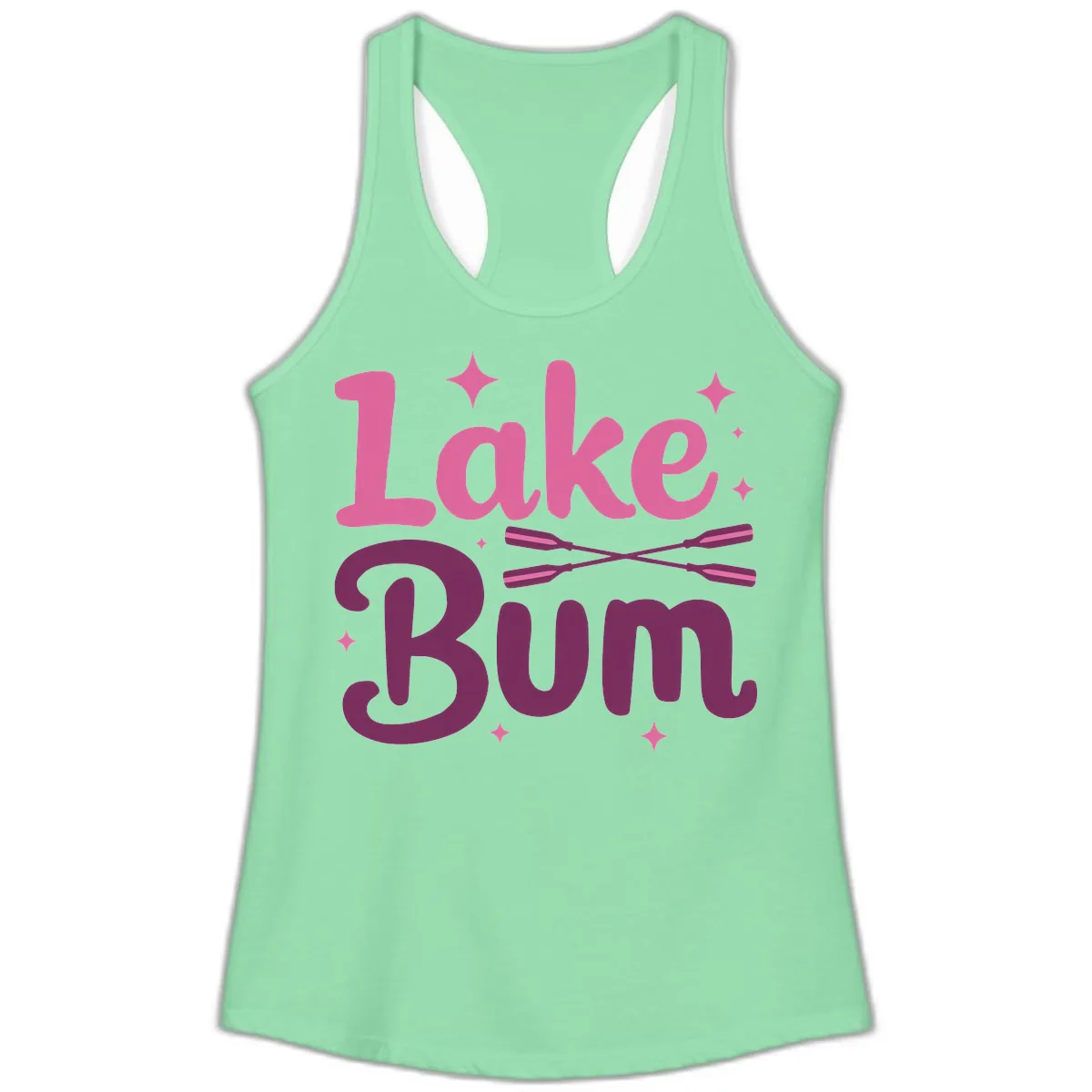 Lake Bum Text and Oars Design Ladies Tank in Solid Mint