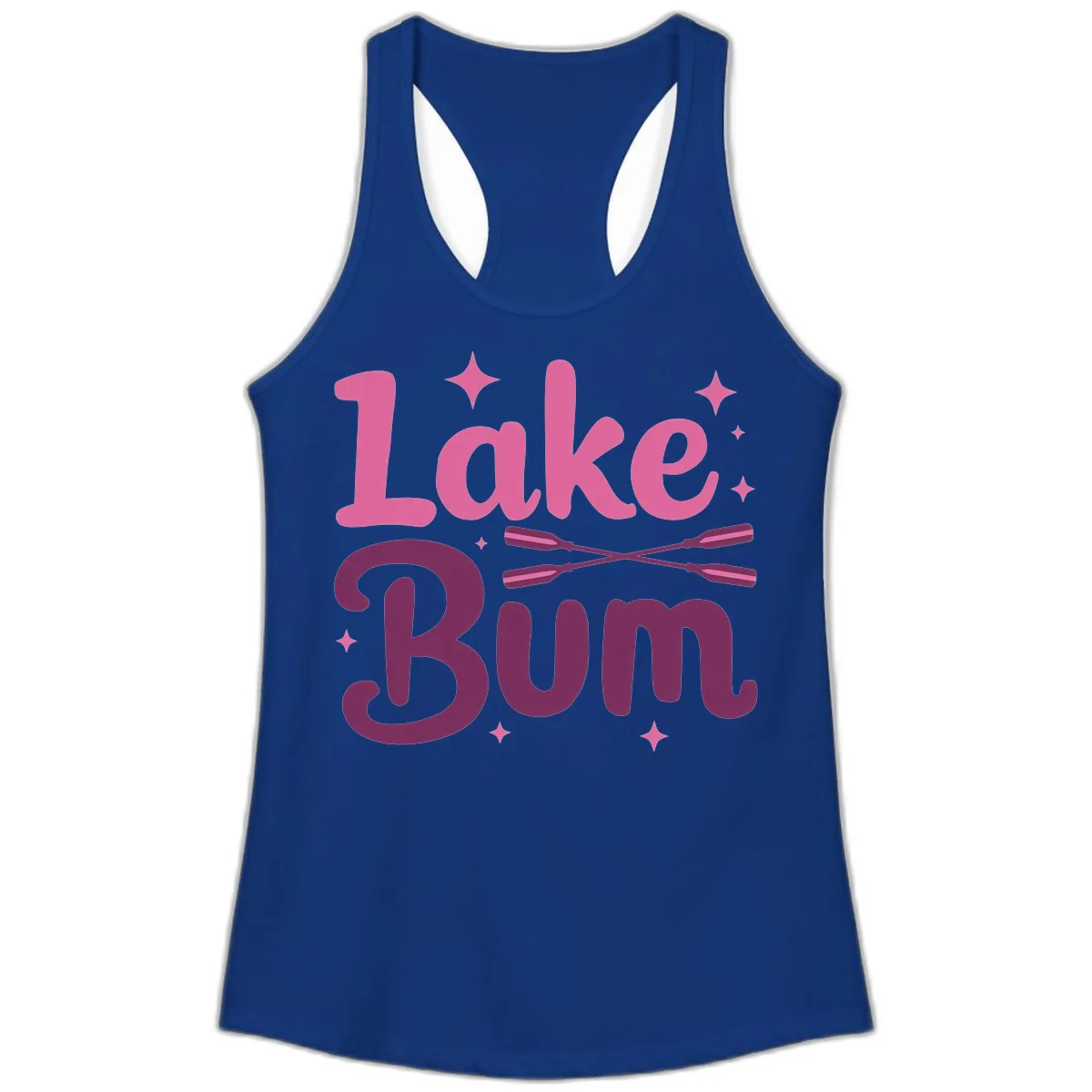 Lake Bum Text and Oars Design Ladies Tank in Solid Royal